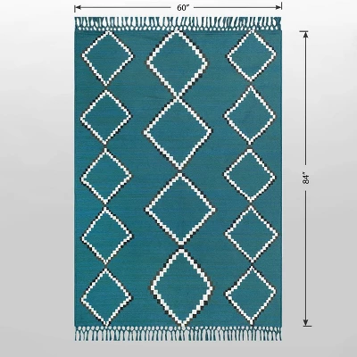 5' X 7' Soft Moroccan Tapestry With Double Knot Fringe Woven Outdoor Rug Teal - Opalhouse™ - Image 4